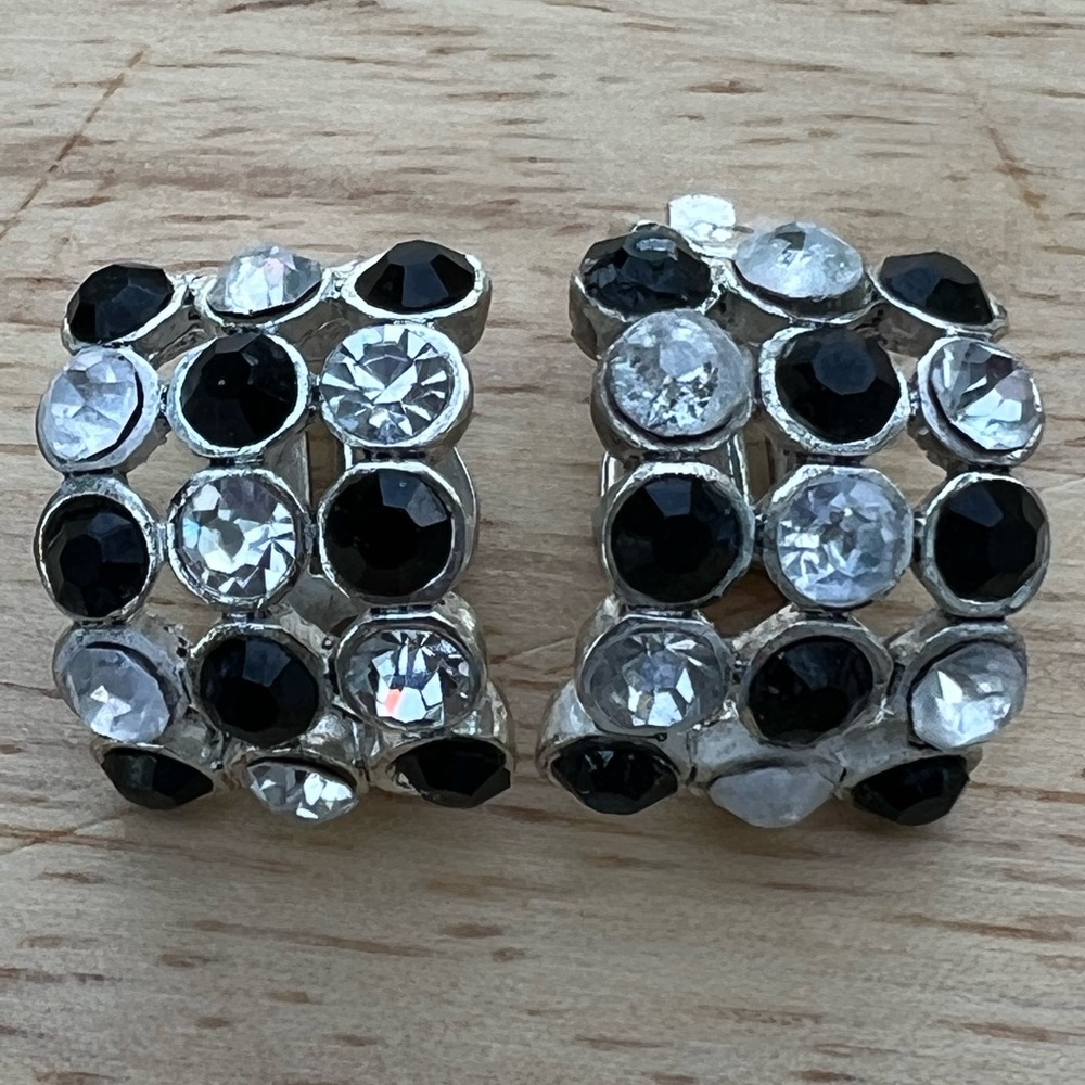 Vintage Black and Silver Rhinestone Clip On Earrings